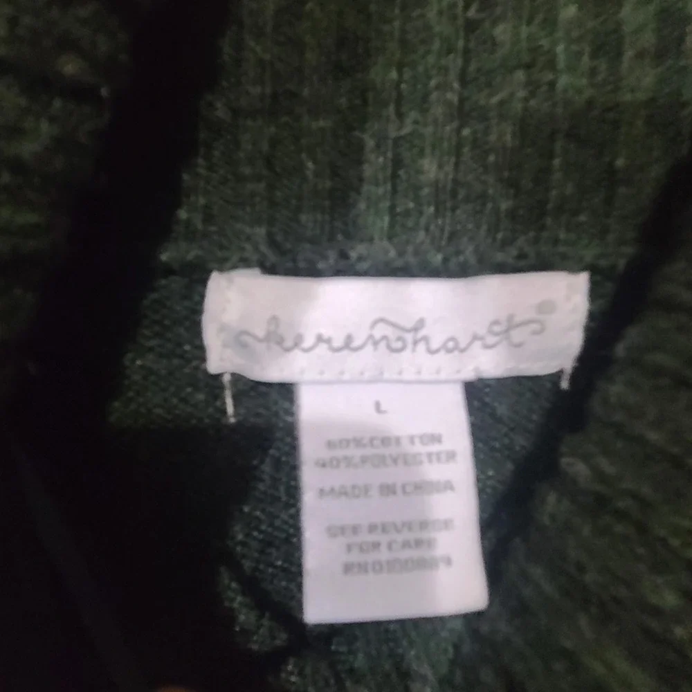 Keren Hart Forest Green‎ Cowl Neck Sweater Cross Stitch Detail Raglan  Large